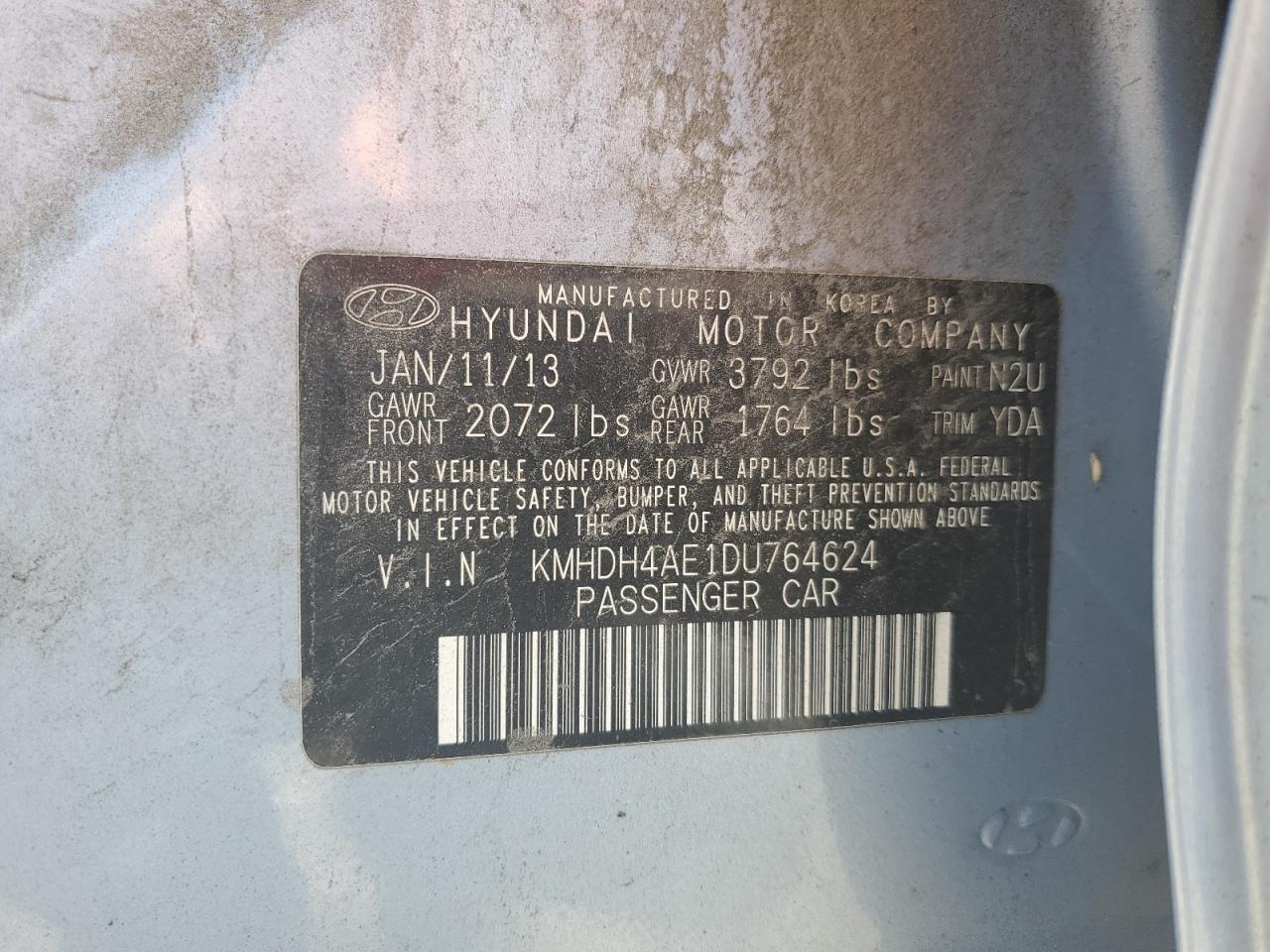 KMHDH4AE1DU764624 2013 Hyundai Elantra Gls