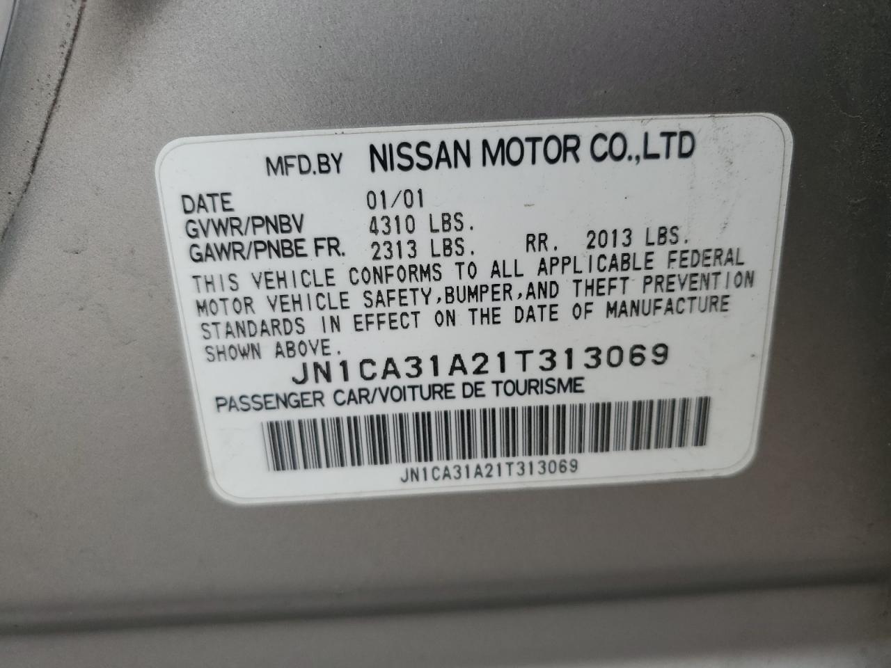 JN1CA31A21T313069 2001 Nissan Maxima Gxe