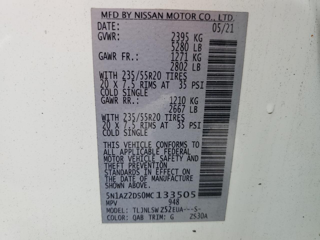 5N1AZ2DS0MC133505 2021 Nissan Murano Platinum