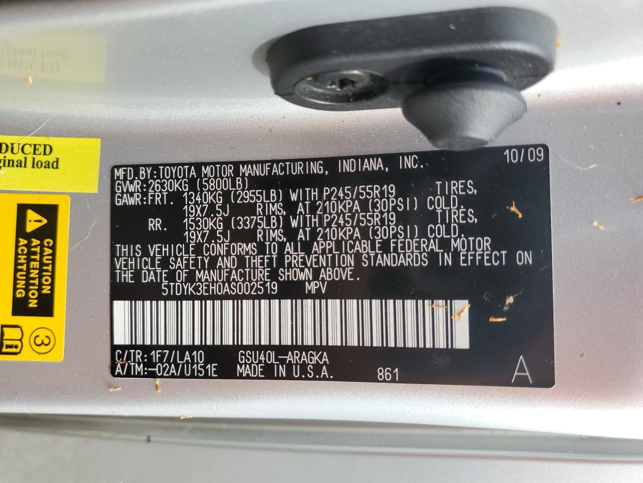 5TDYK3EH0AS002519 2010 Toyota Highlander Limited