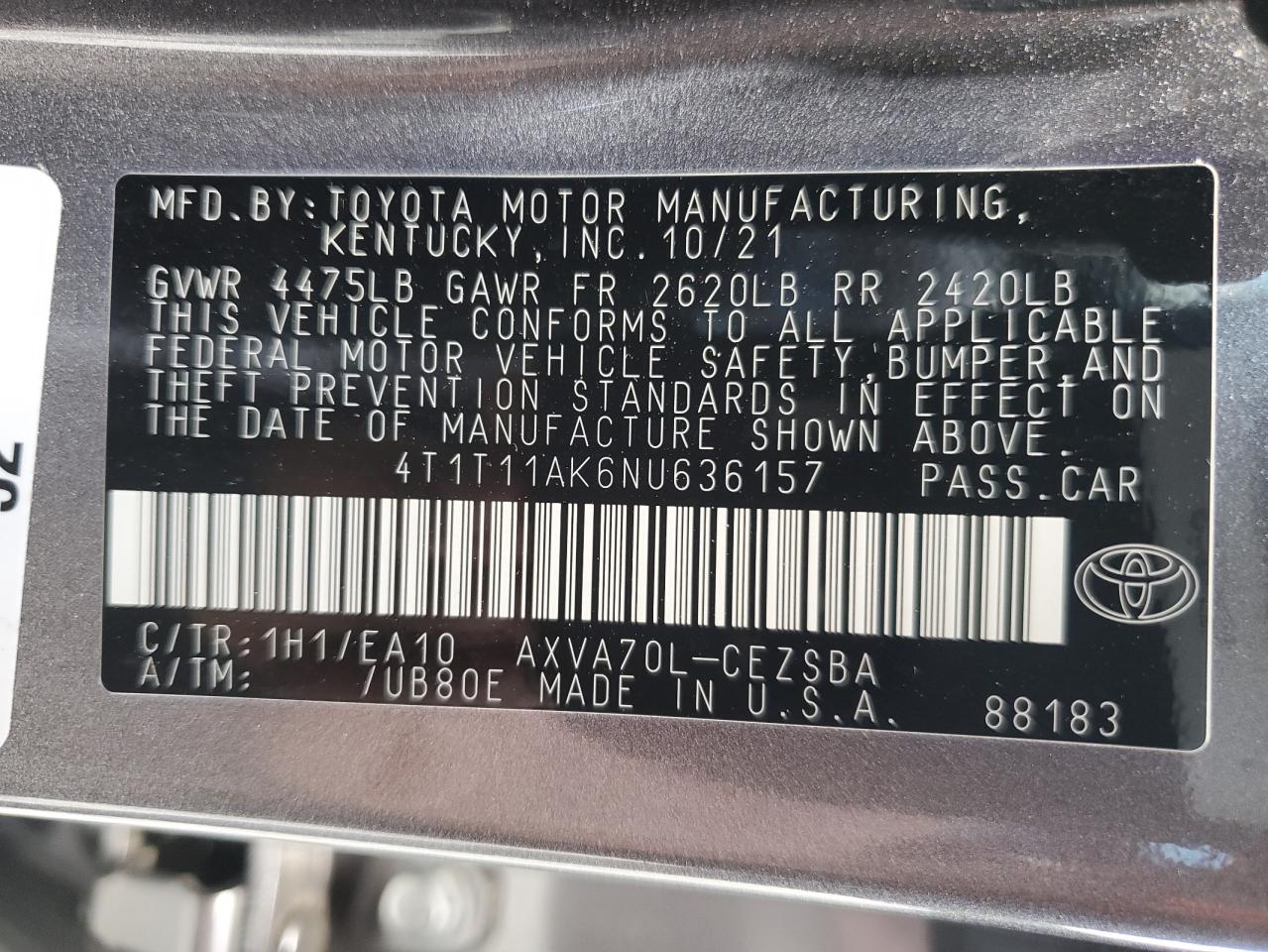 4T1T11AK6NU636157 2022 Toyota Camry Se