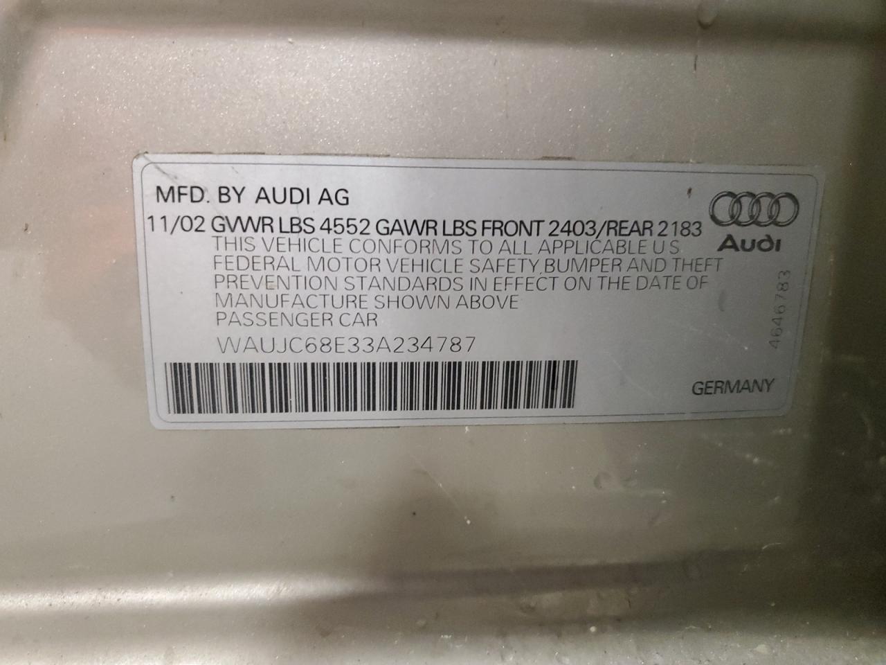 WAUJC68E33A234787 2003 Audi A4 1.8T