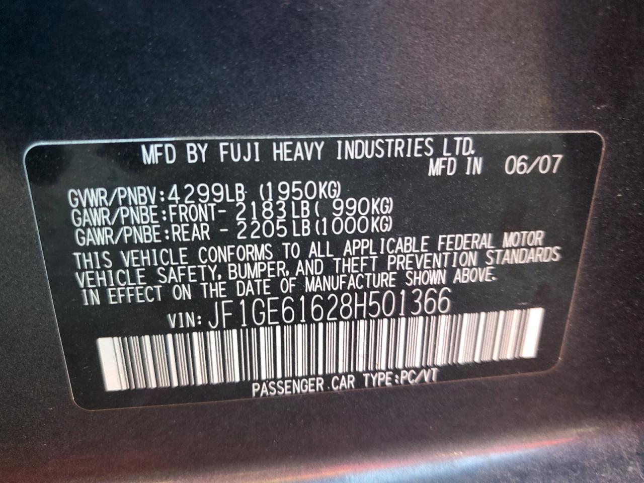 JF1GE61628H501366 2008 Subaru Impreza 2.5I