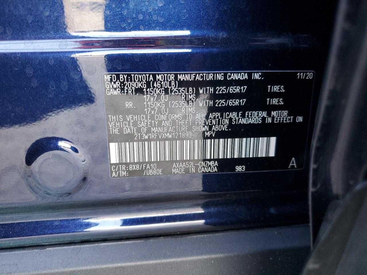 2T3W1RFVXMW121893 2021 Toyota Rav4 Xle