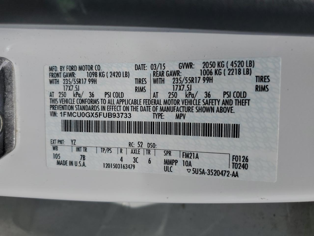 1FMCU0GX5FUB93733 2015 Ford Escape Se