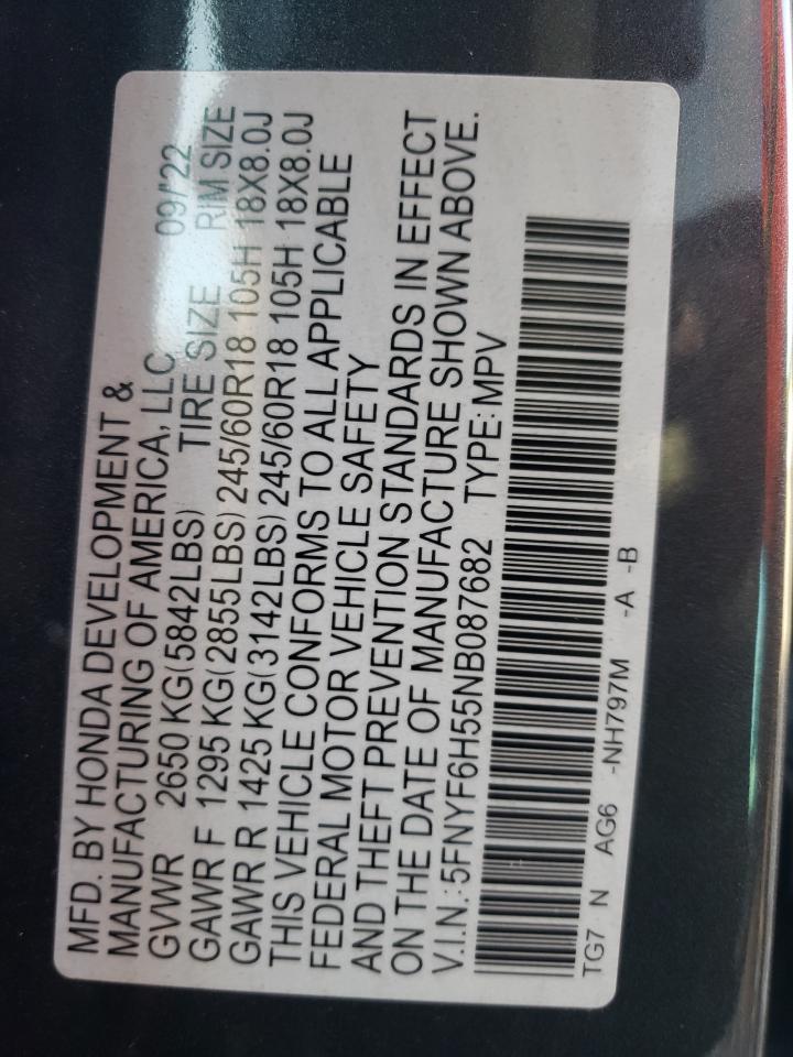 5FNYF6H55NB087682 2022 Honda Pilot Exl
