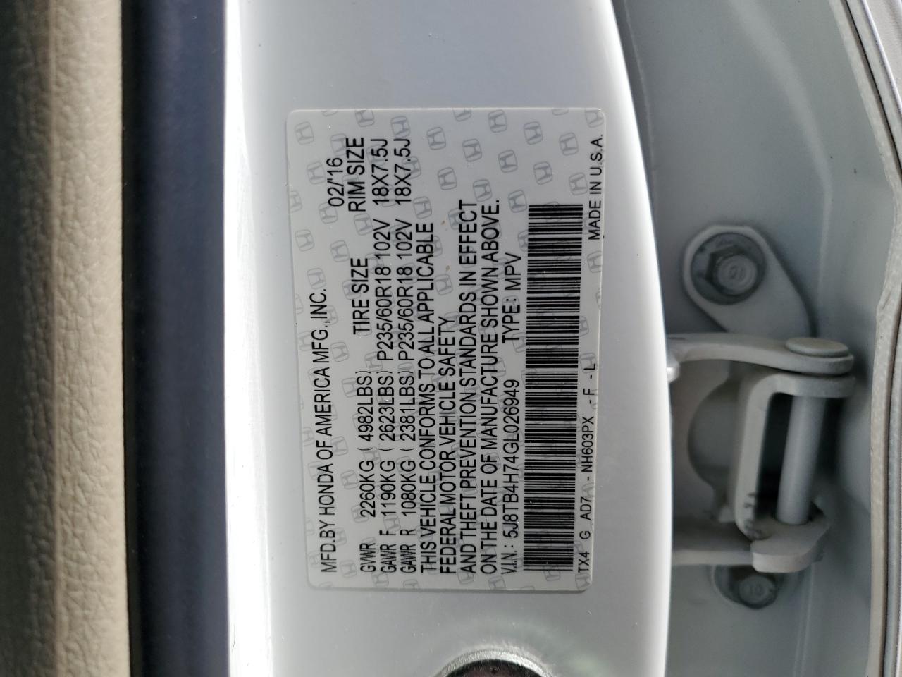 5J8TB4H74GL026949 2016 Acura Rdx Advance