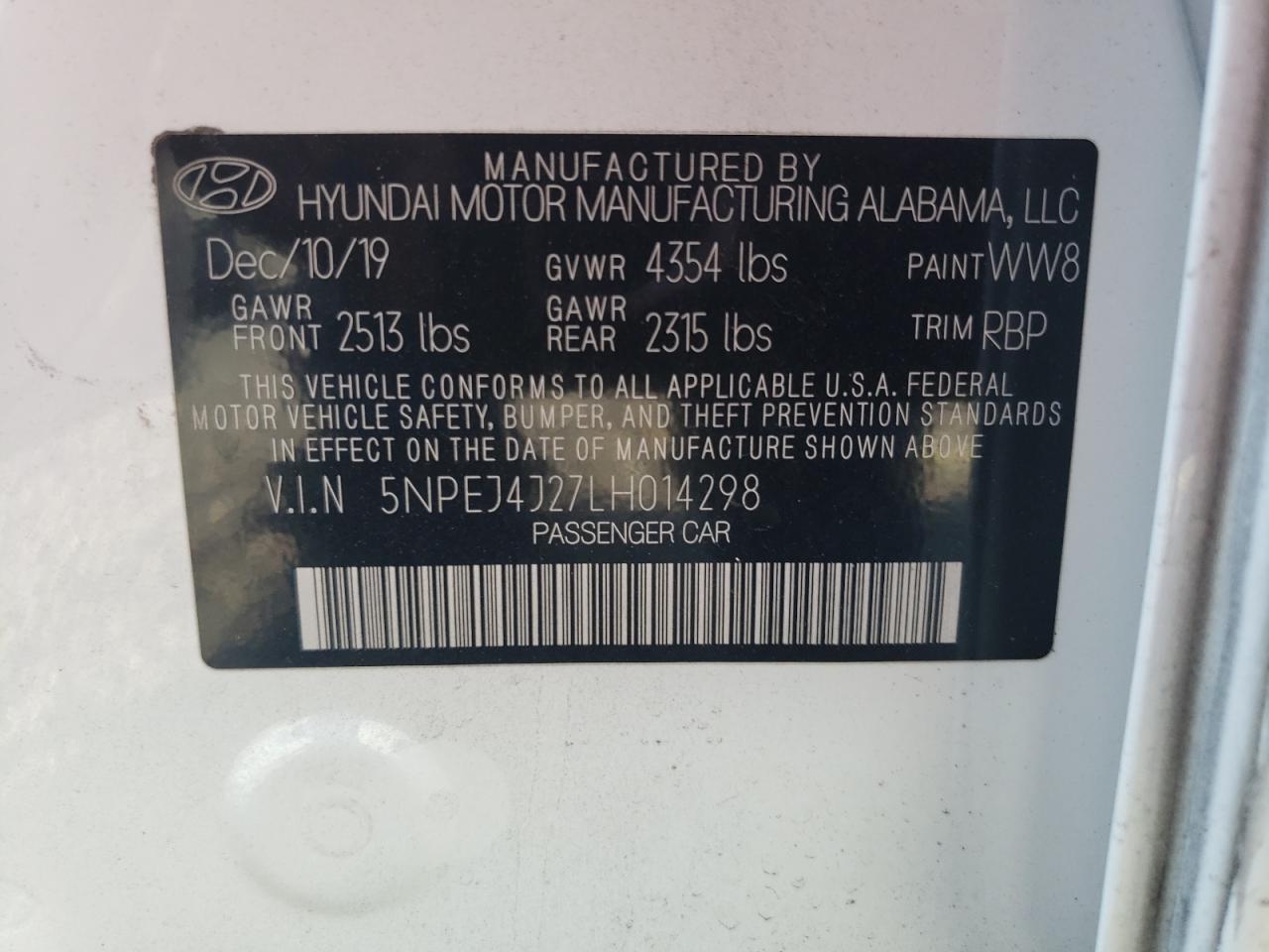 5NPEJ4J27LH014298 2020 Hyundai Sonata Sel Plus