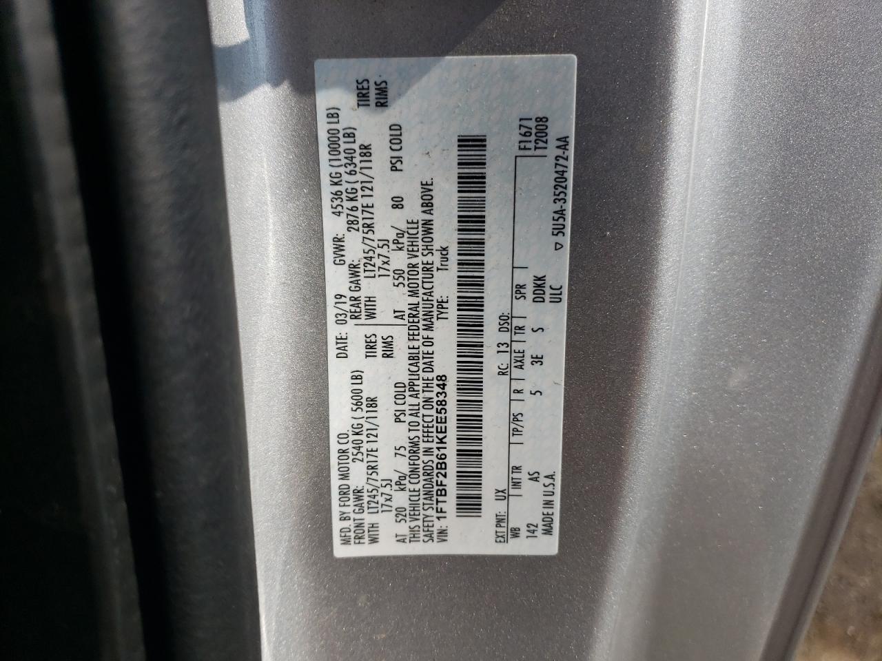 1FTBF2B61KEE58348 2019 Ford F250 Super Duty