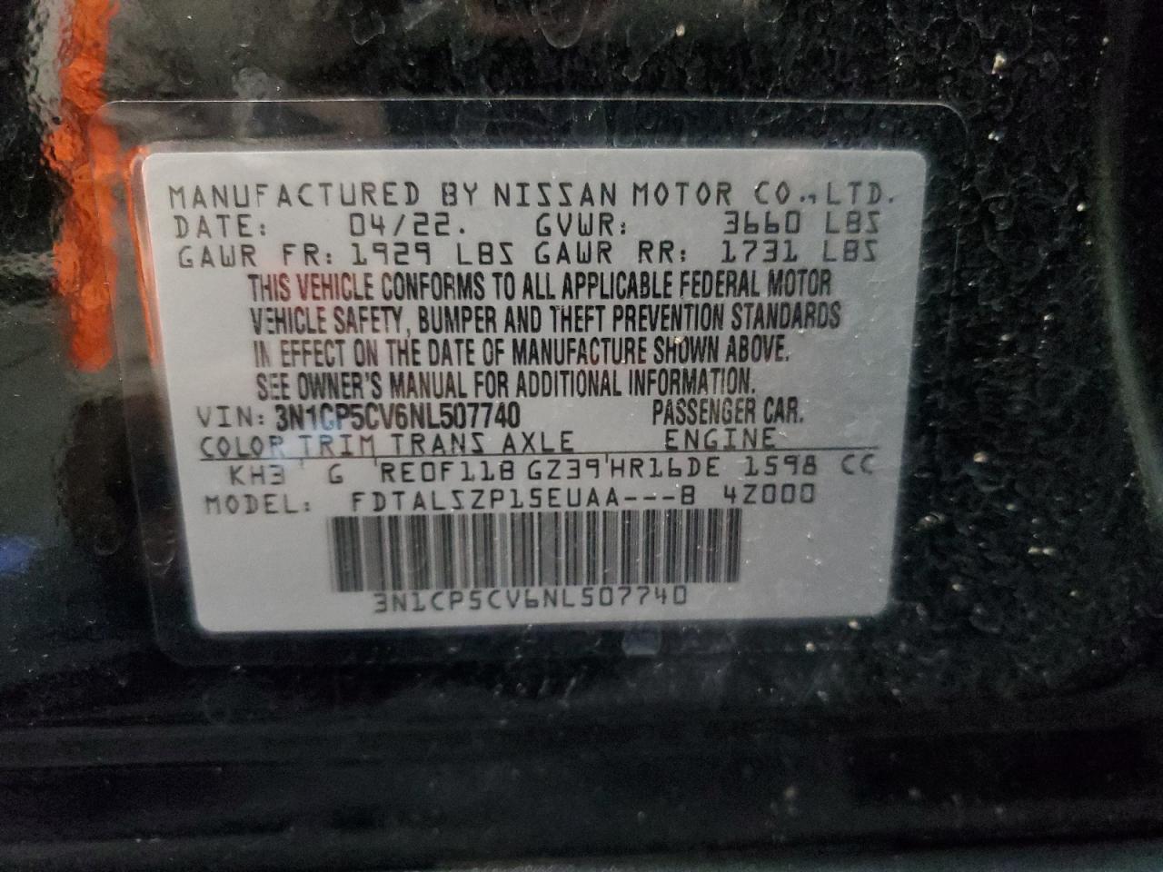 3N1CP5CV6NL507740 2022 Nissan Kicks Sv