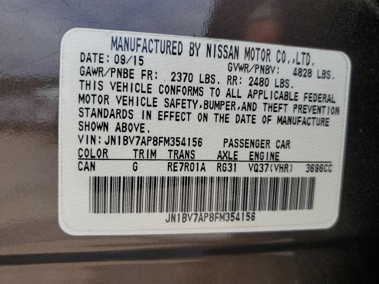 JN1BV7AP8FM354156 2015 Infiniti Q50 Base