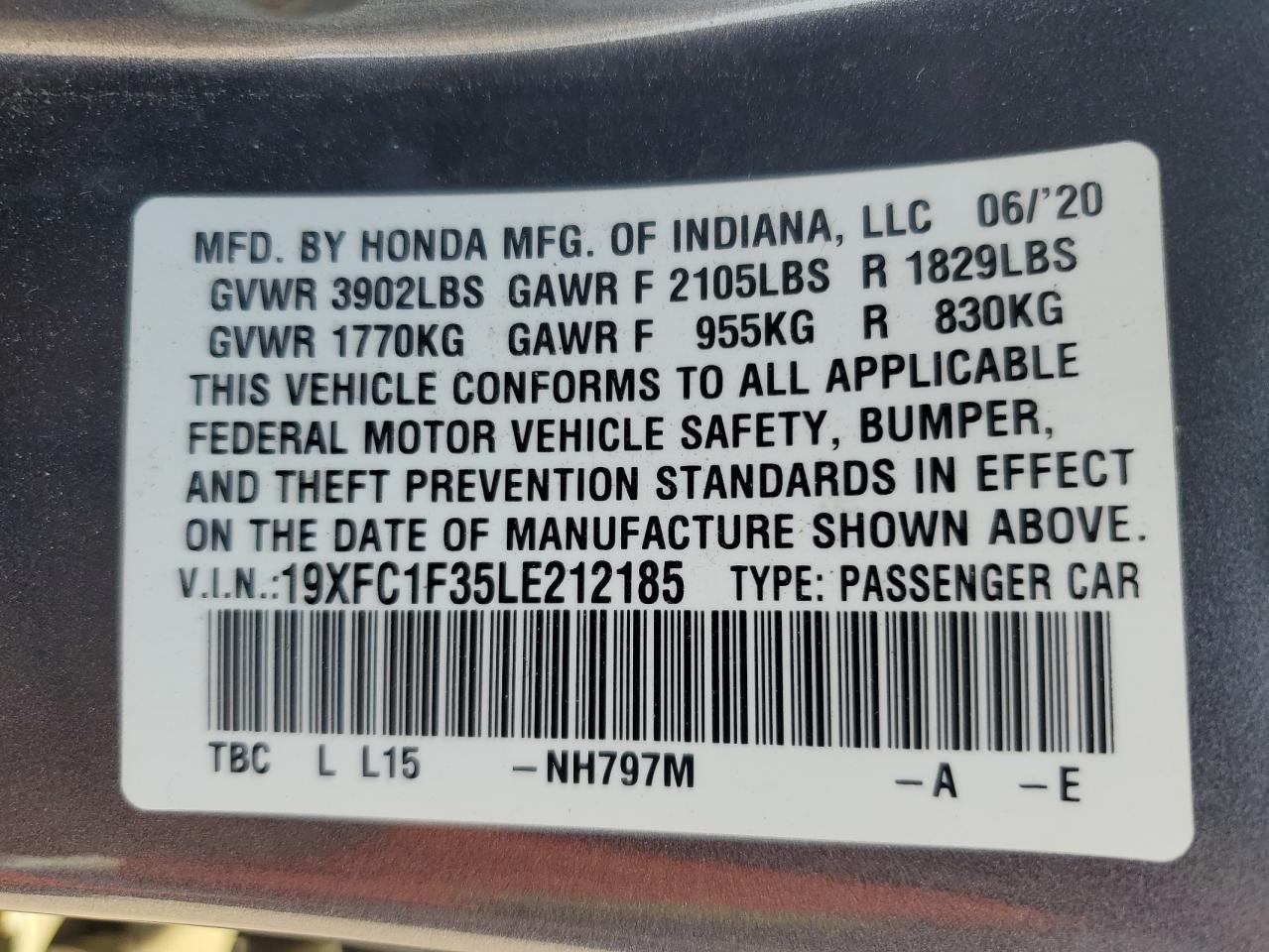 19XFC1F35LE212185 2020 Honda Civic Ex