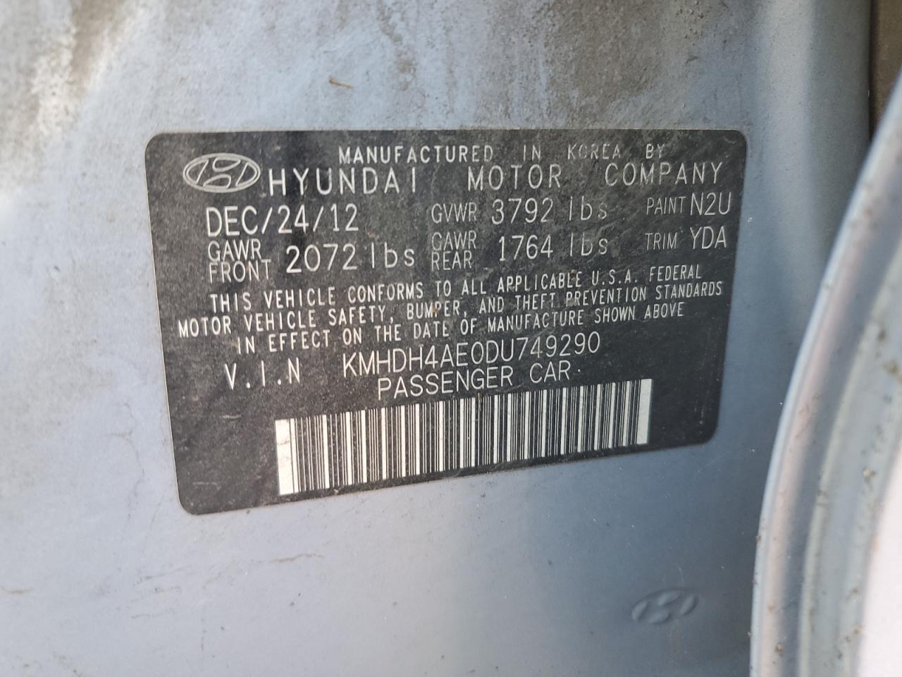 KMHDH4AE0DU749290 2013 Hyundai Elantra Gls