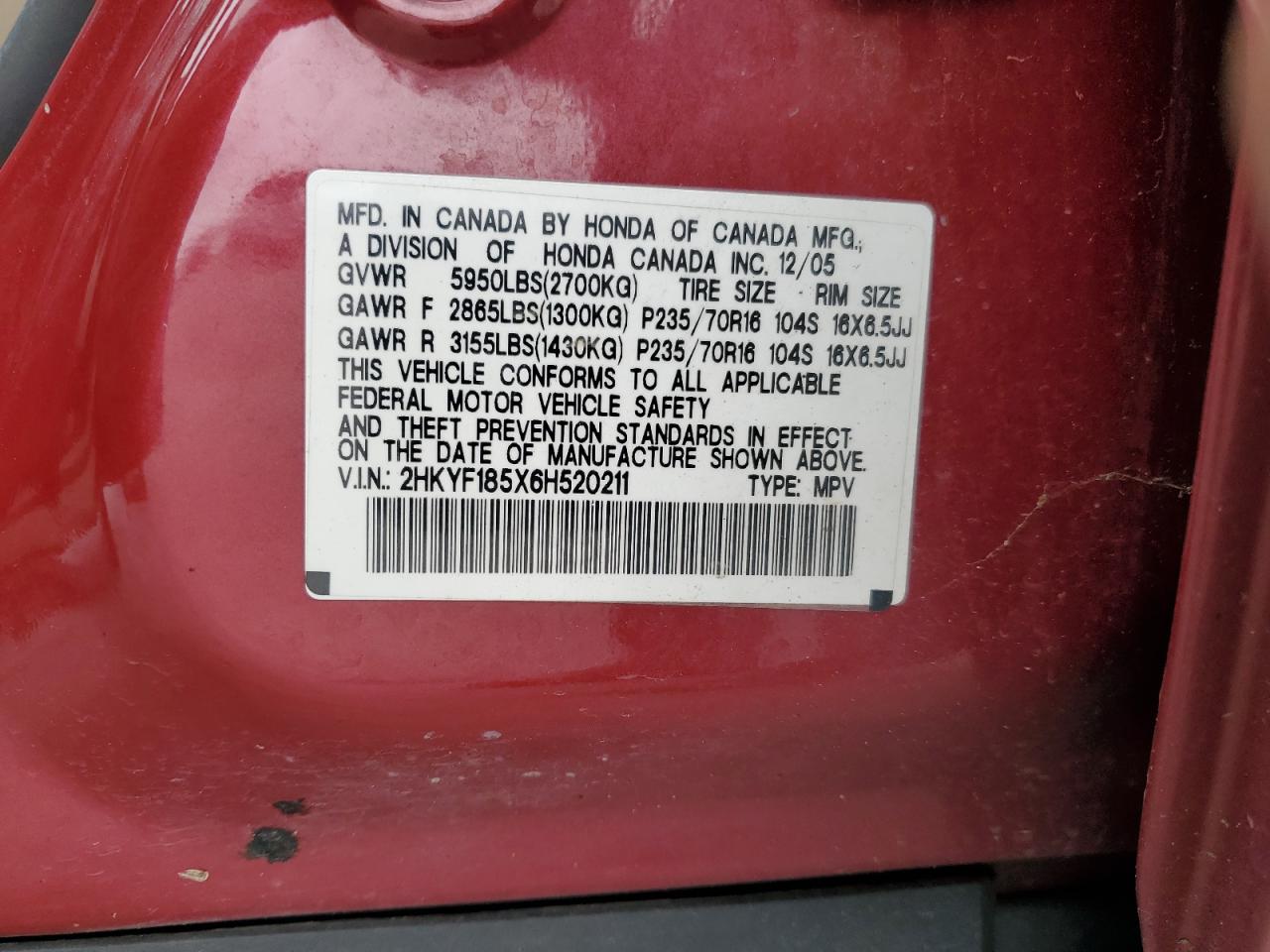 2HKYF185X6H520211 2006 Honda Pilot Ex