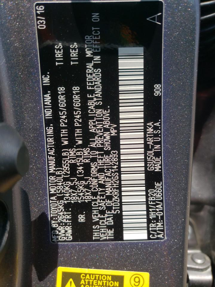 5TDZKRFH2GS142893 2016 Toyota Highlander Le