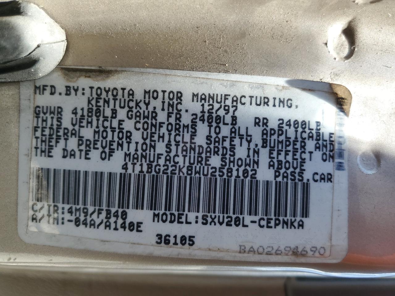 4T1BG22K8WU258102 1998 Toyota Camry Ce