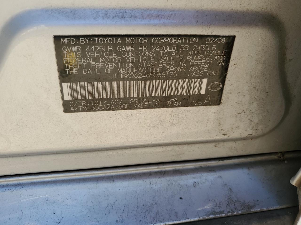 JTHBK262485068175 2008 Lexus Is 250