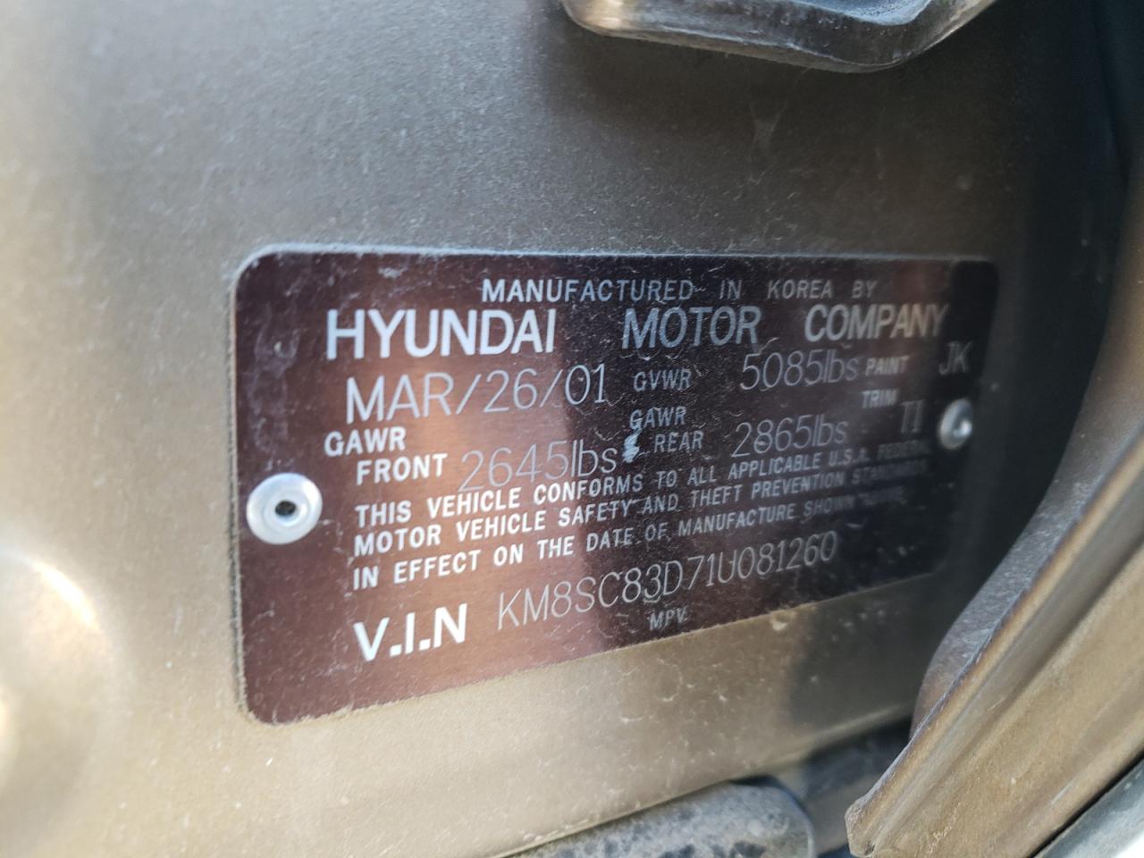 KM8SC83D71U081260 2001 Hyundai Santa Fe Gls