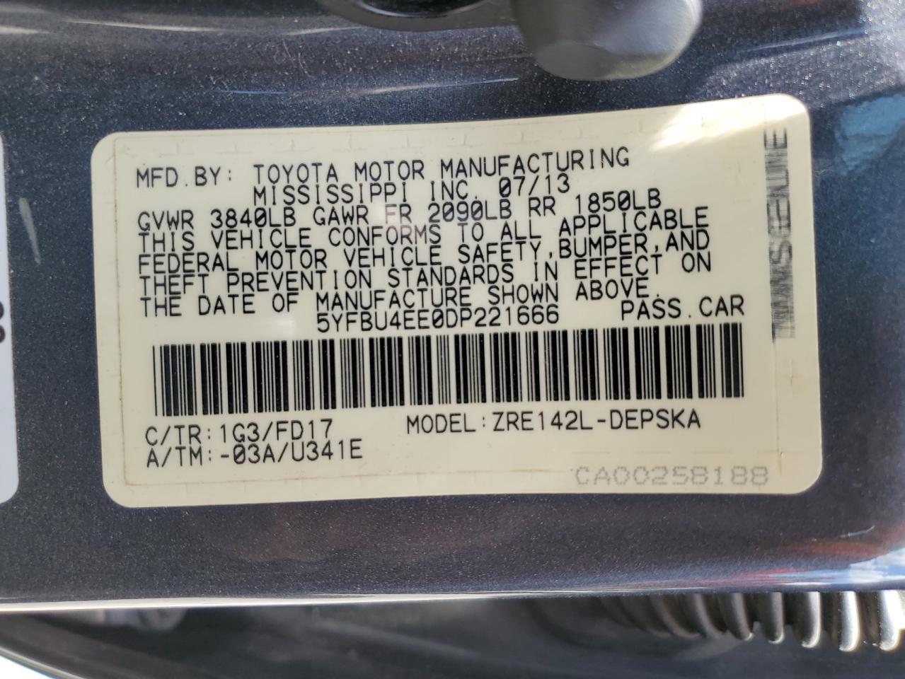 5YFBU4EE0DP221666 2013 Toyota Corolla Base