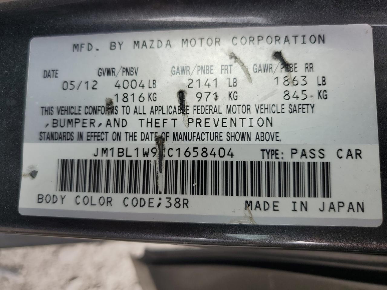 JM1BL1W9XC1658404 2012 Mazda 3 S