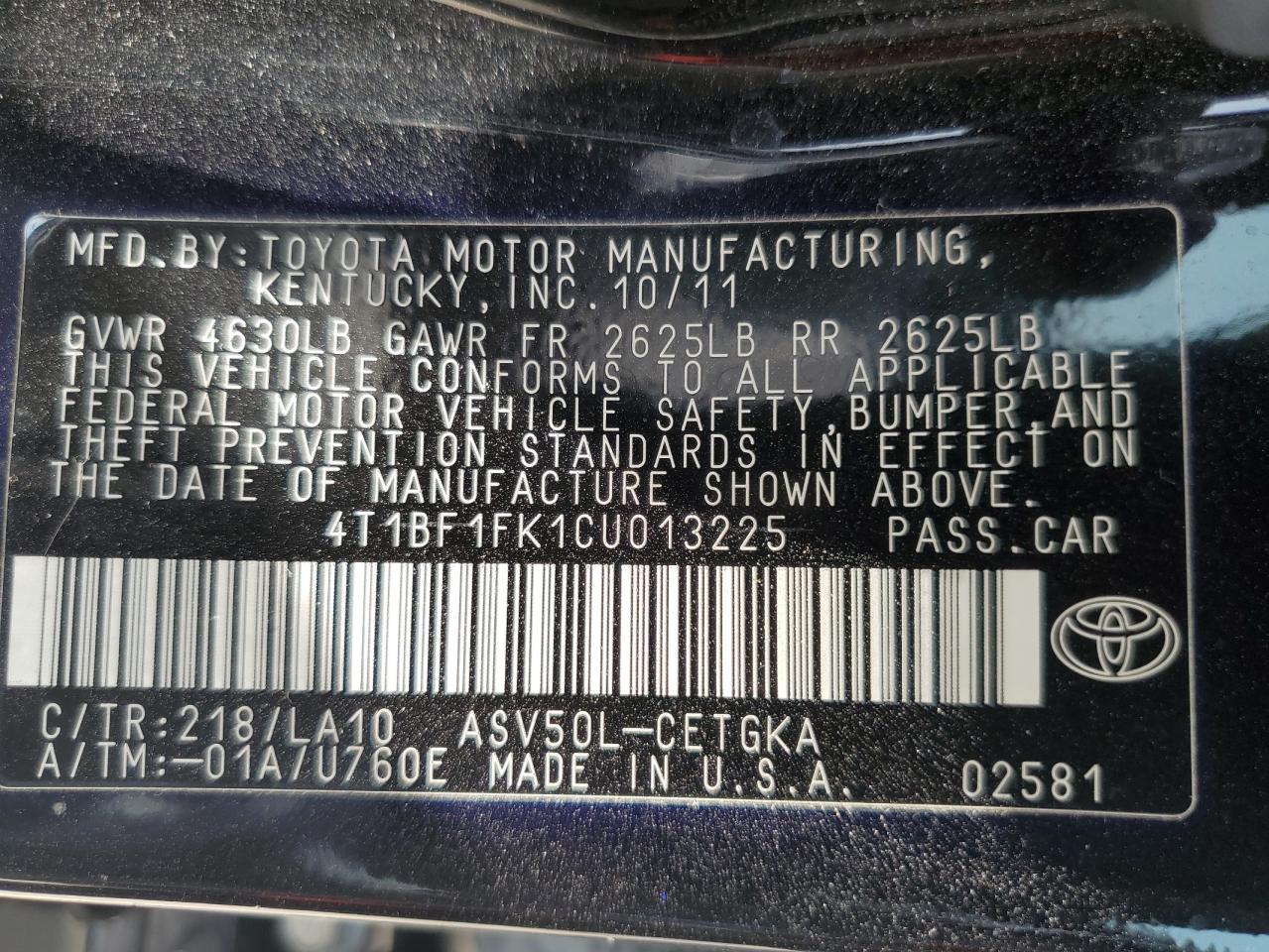 4T1BF1FK1CU013225 2012 Toyota Camry Base