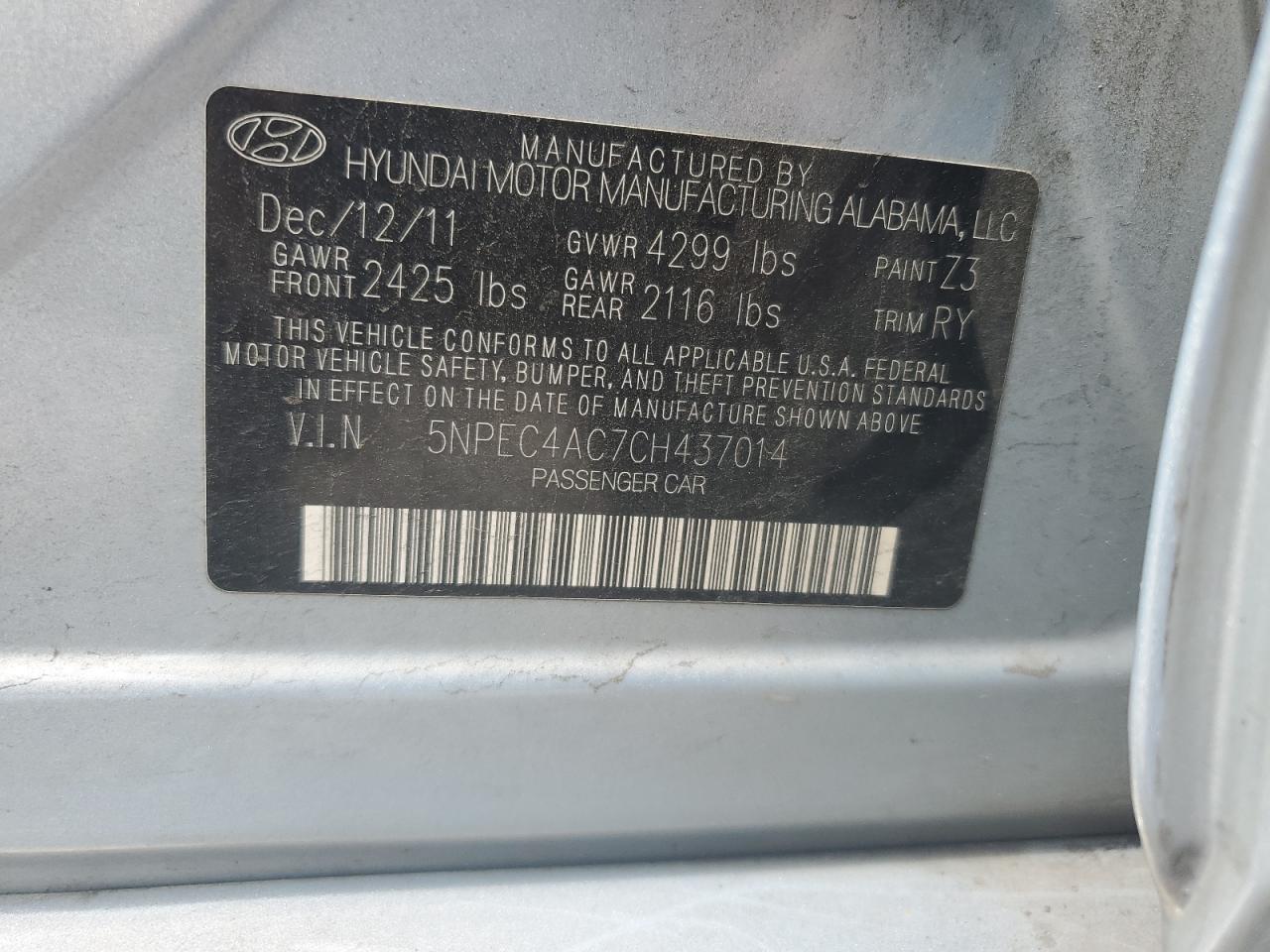 5NPEC4AC7CH437014 2012 Hyundai Sonata Se