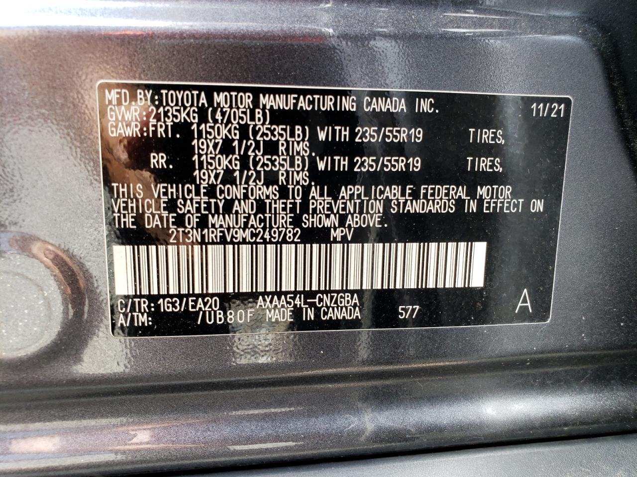 2T3N1RFV9MC249782 2021 Toyota Rav4 Limited
