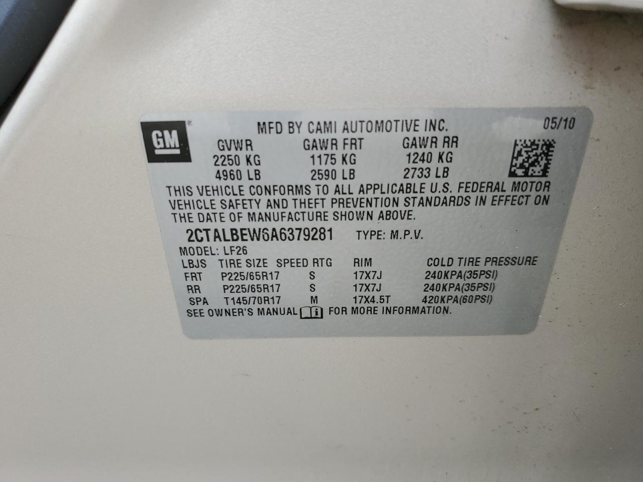 2CTALBEW6A6379281 2010 GMC Terrain Sle