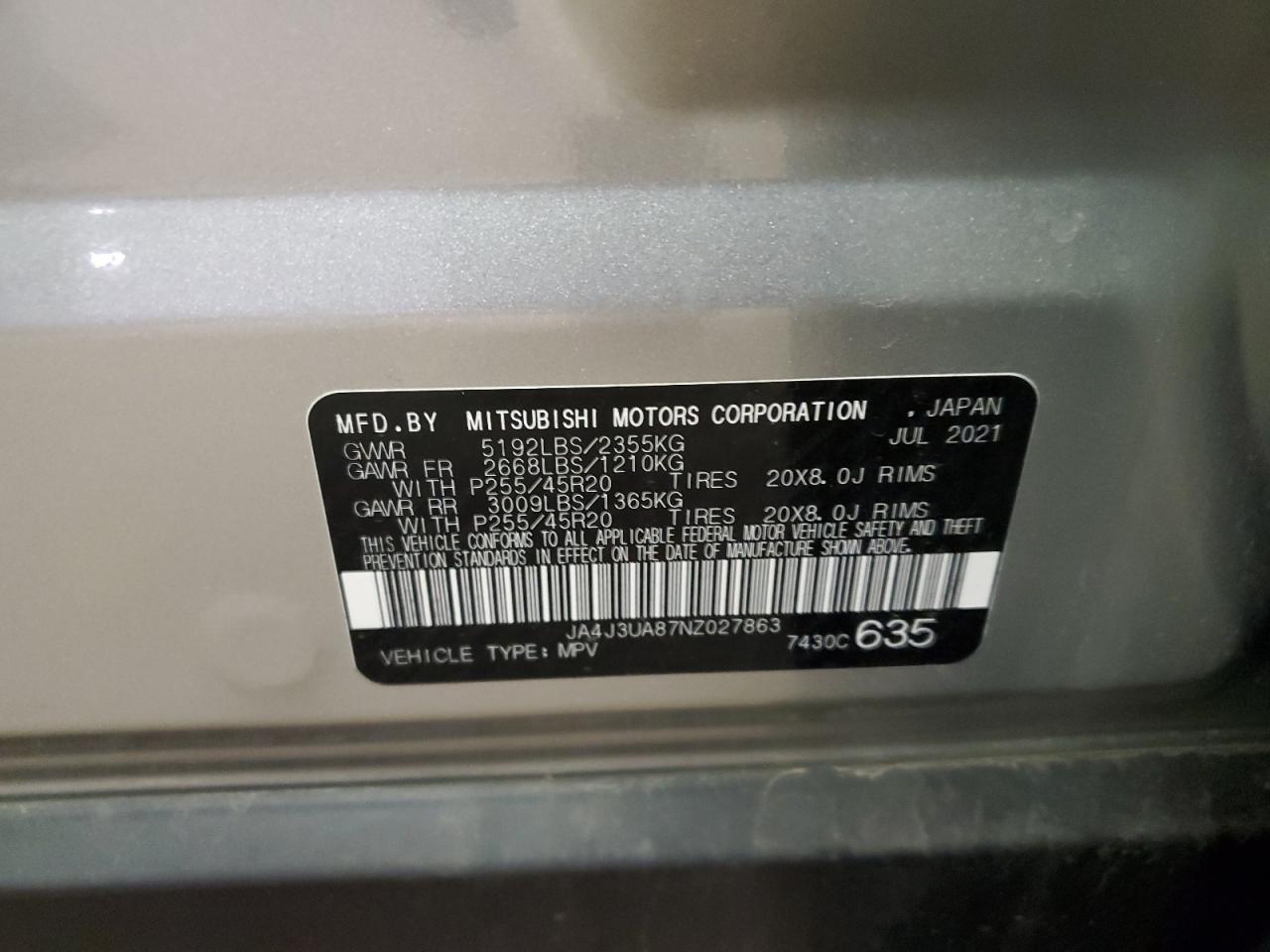 JA4J3UA87NZ027863 2022 Mitsubishi Outlander Se