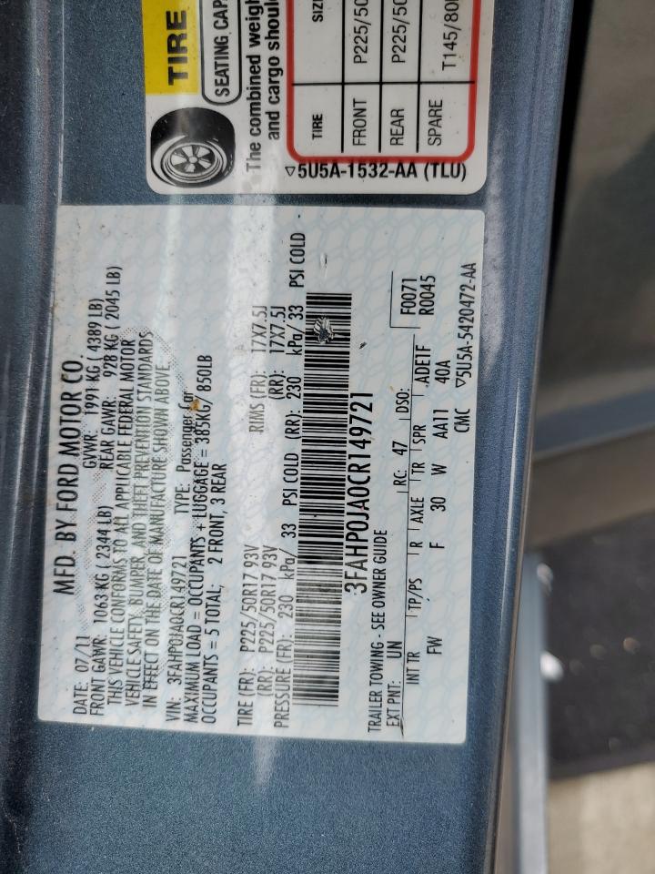 3FAHP0JA0CR149721 2012 Ford Fusion Sel