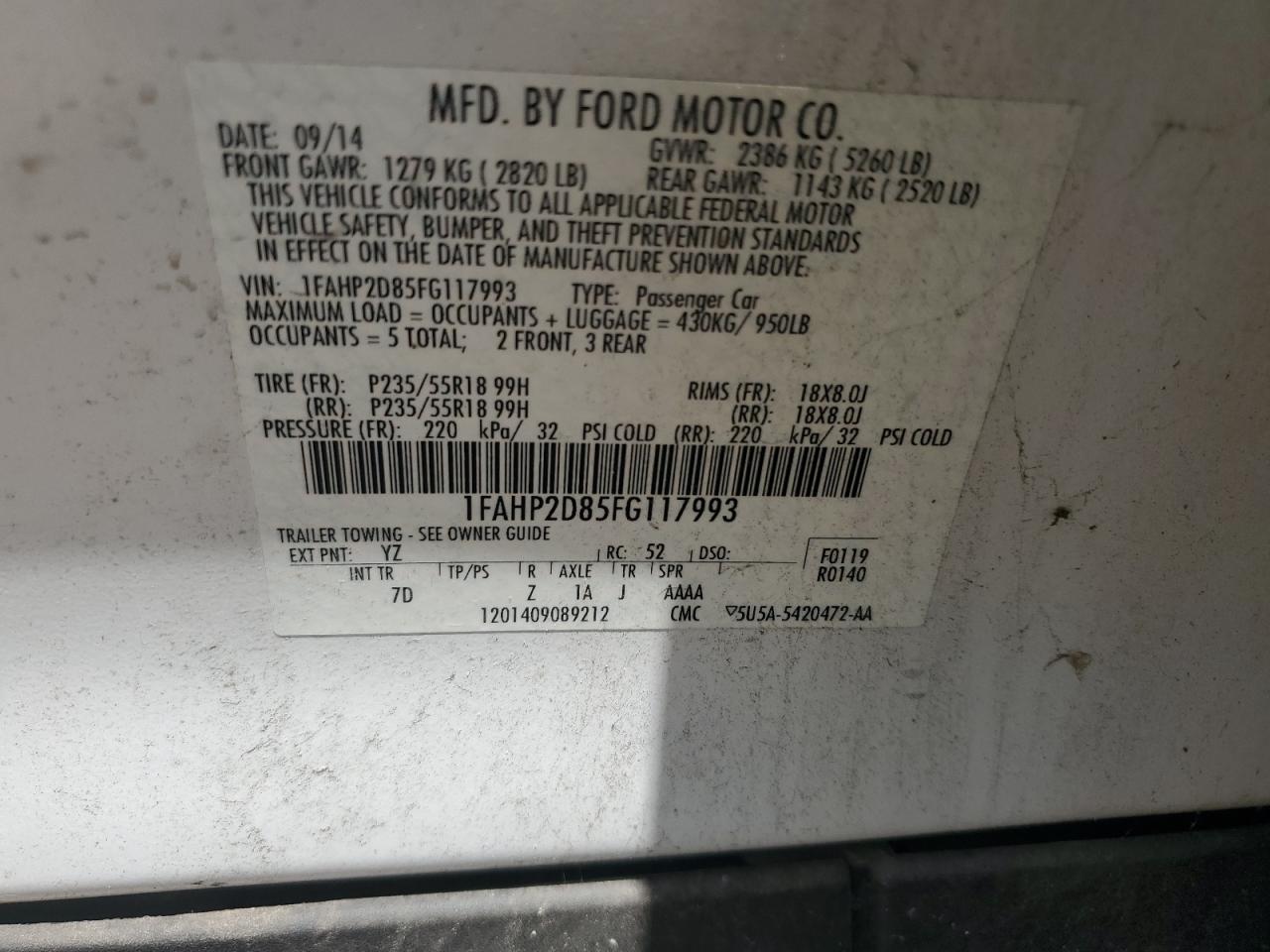 1FAHP2D85FG117993 2015 Ford Taurus Se