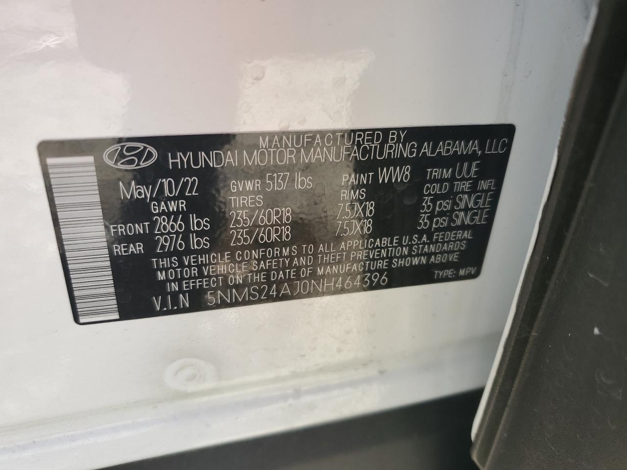 5NMS24AJ0NH464396 2022 Hyundai Santa Fe Sel