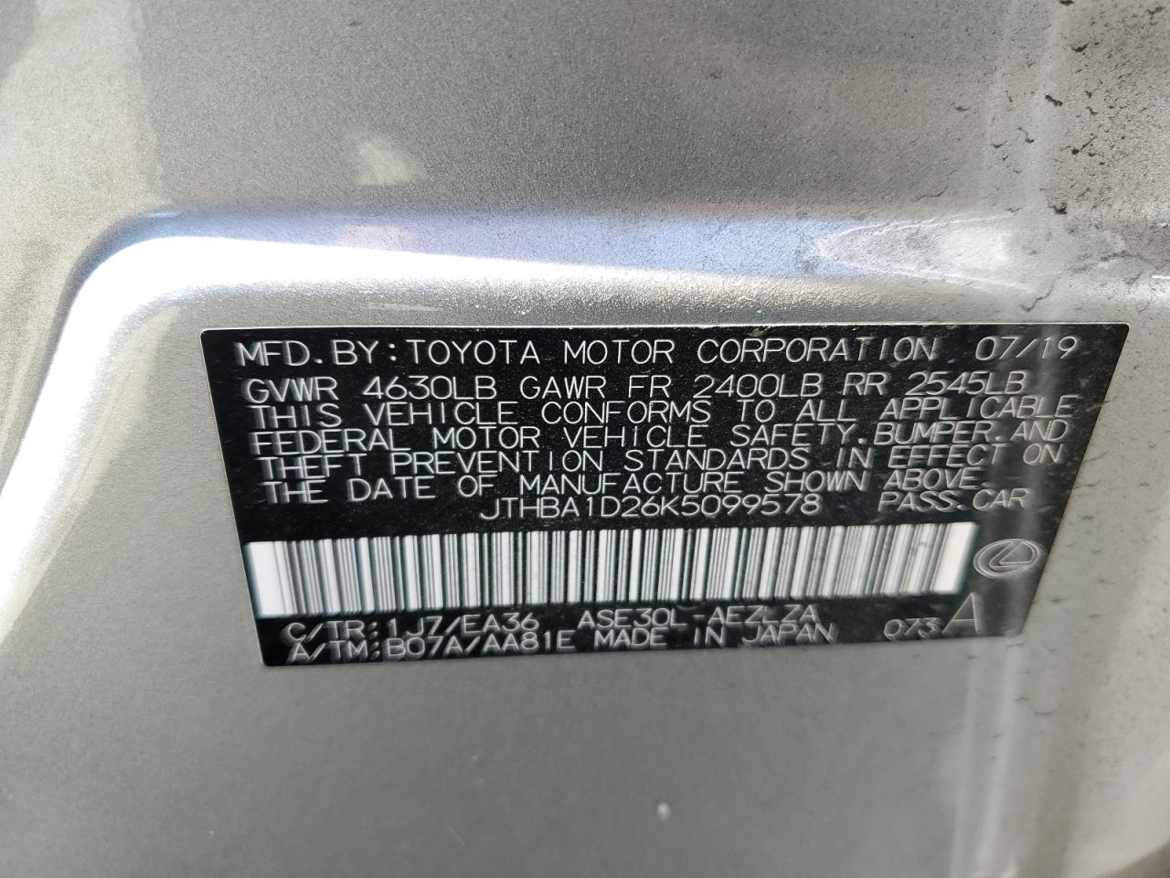 JTHBA1D26K5099578 2019 Lexus Is 300