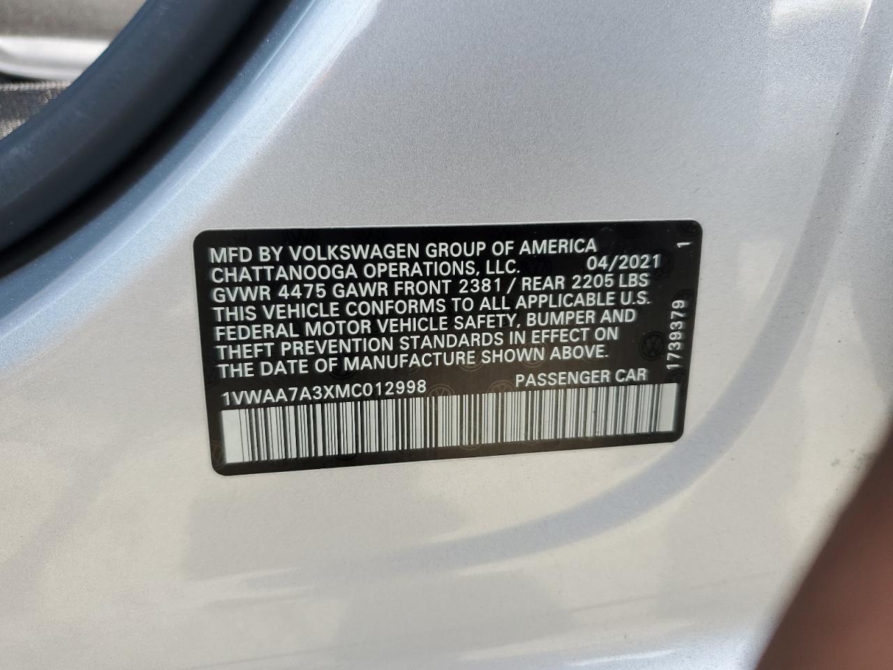 1VWAA7A3XMC012998 2021 Volkswagen Passat S