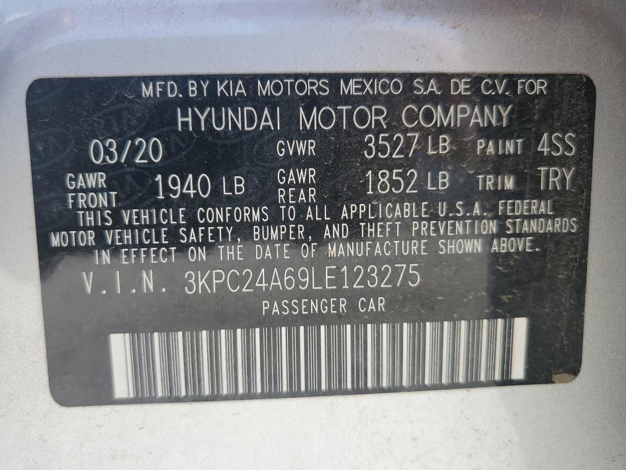 3KPC24A69LE123275 2020 Hyundai Accent Se