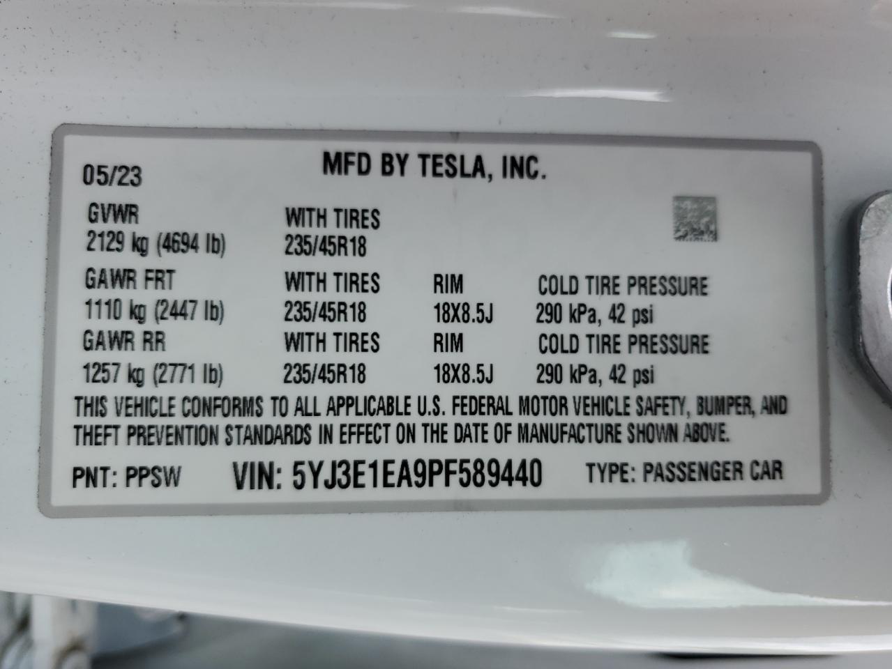 5YJ3E1EA9PF589440 2023 Tesla Model 3