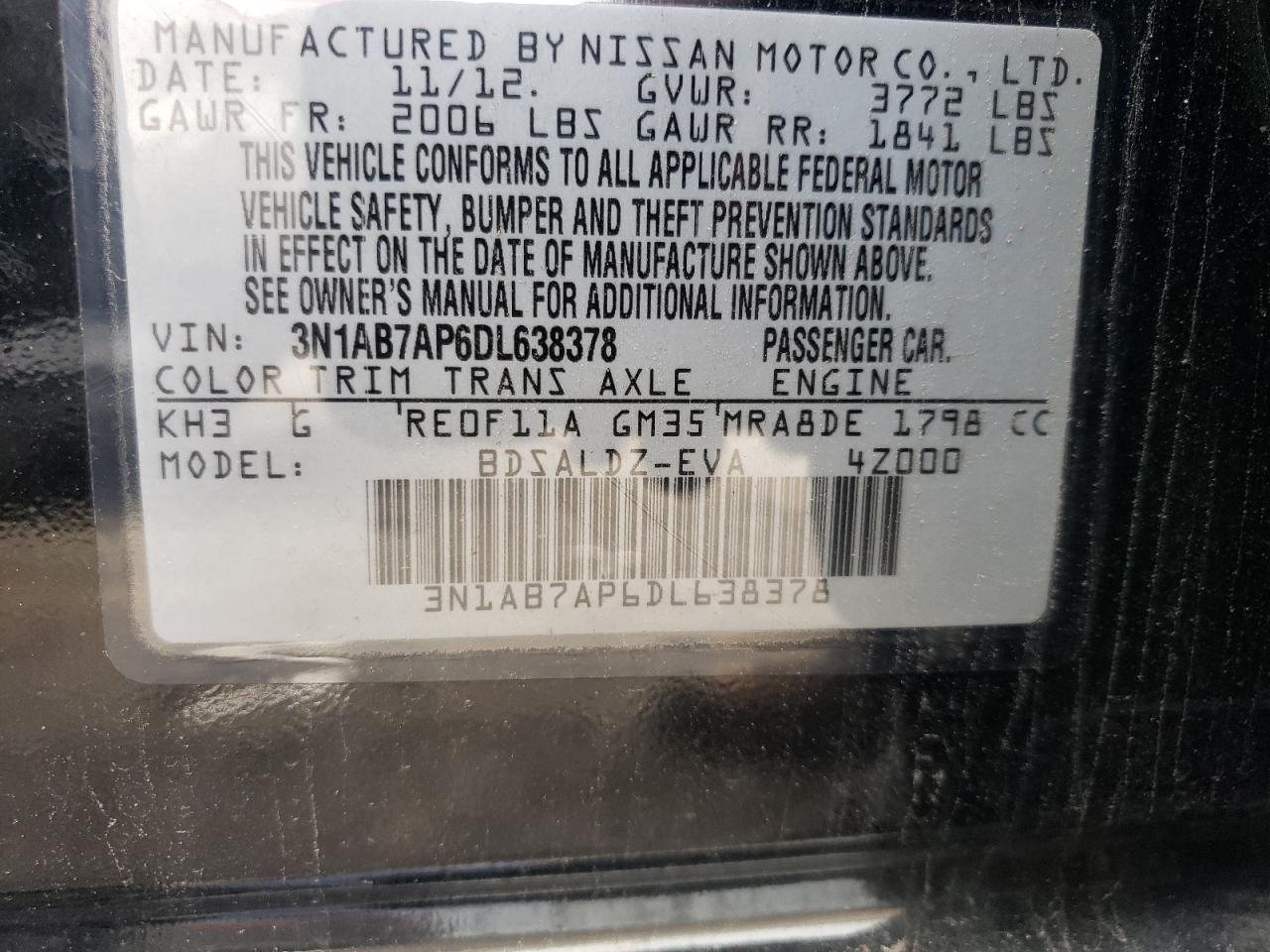 3N1AB7AP6DL638378 2013 Nissan Sentra S