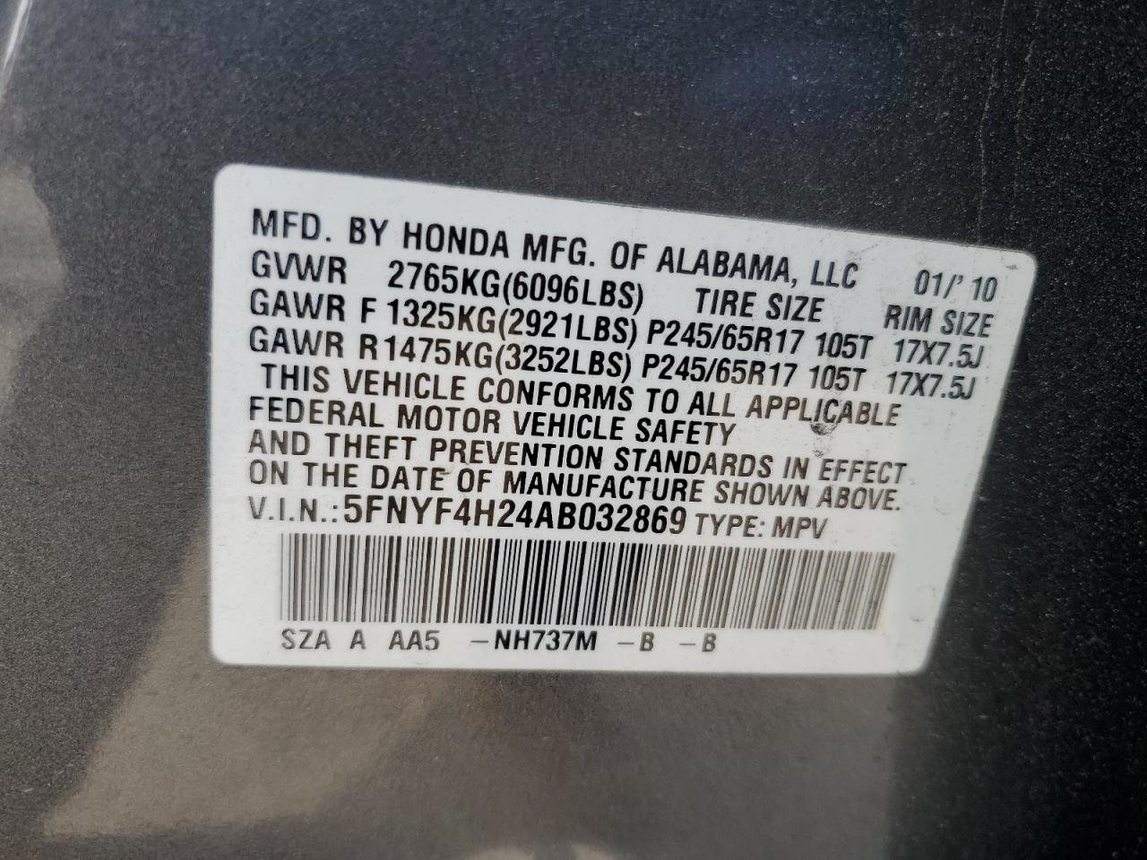 5FNYF4H24AB032869 2010 Honda Pilot Lx