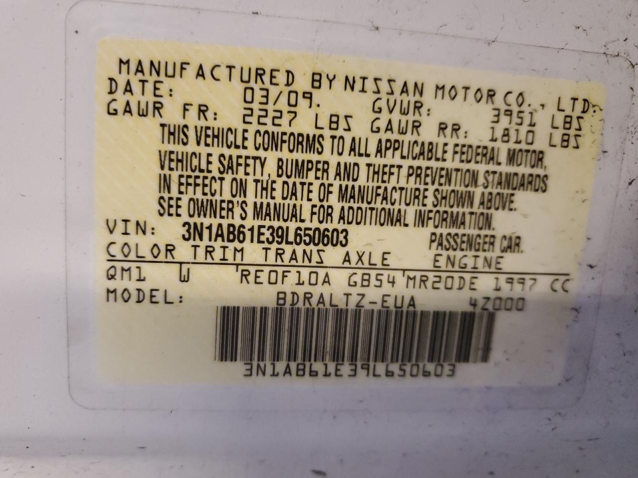 3N1AB61E39L650603 2009 Nissan Sentra 2.0