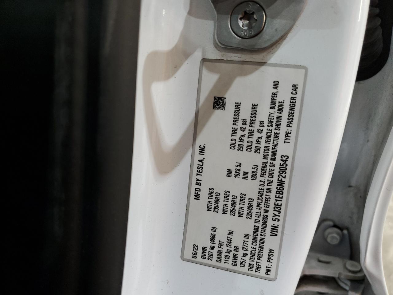 5YJ3E1EB6NF290543 2022 Tesla Model 3