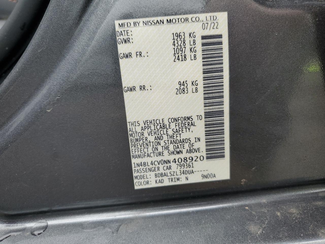 1N4BL4CV0NN408920 2022 Nissan Altima Sr