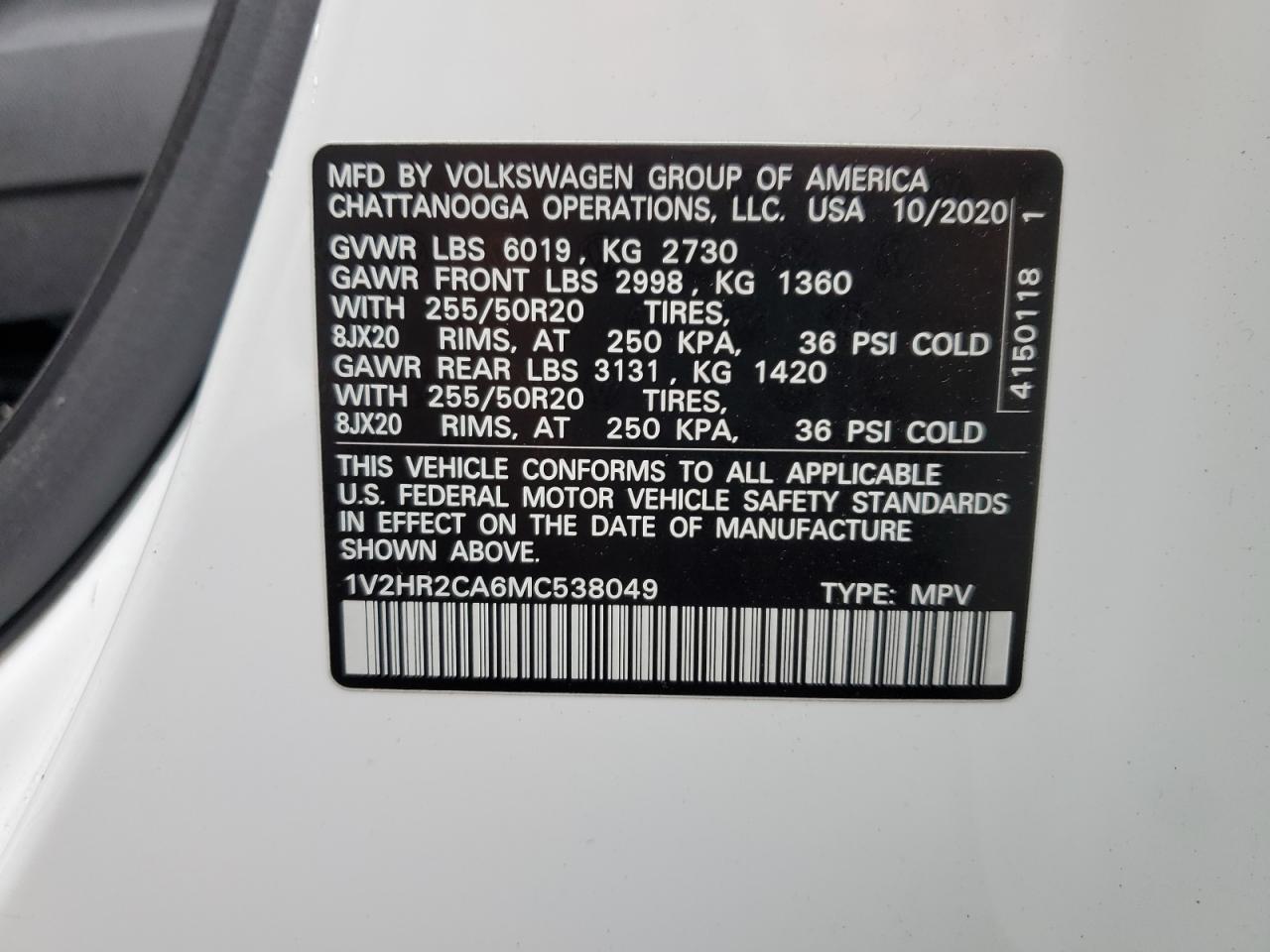 2021 Volkswagen Atlas Se vin: 1V2HR2CA6MC538049