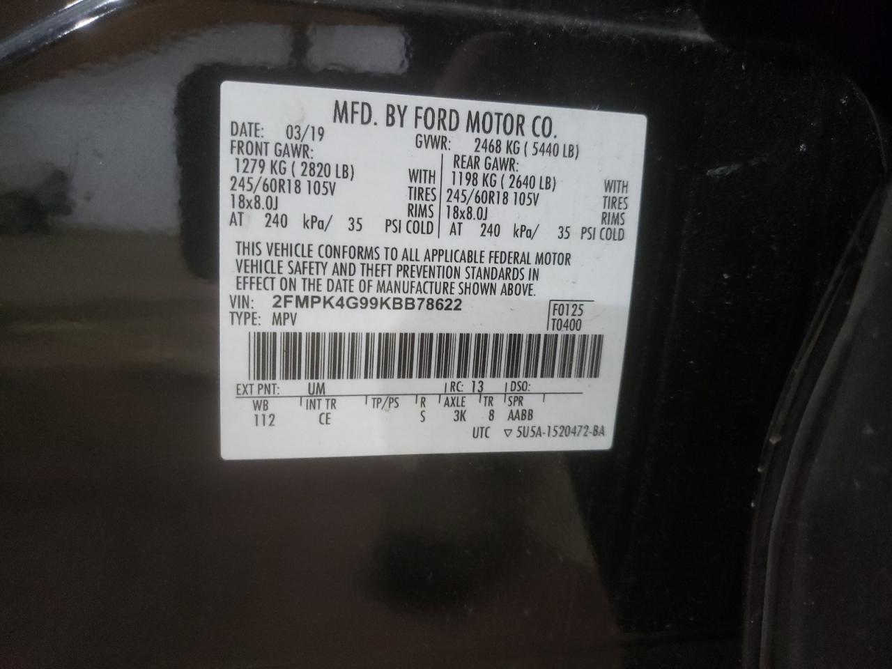 2FMPK4G99KBB78622 2019 Ford Edge Se