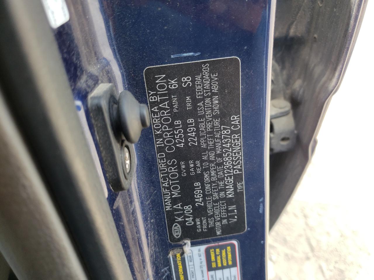 KNAGE123685243787 2008 Kia Optima Lx