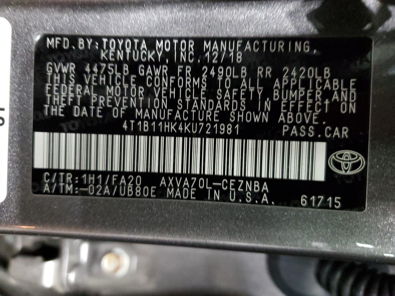4T1B11HK4KU721981 2019 Toyota Camry L