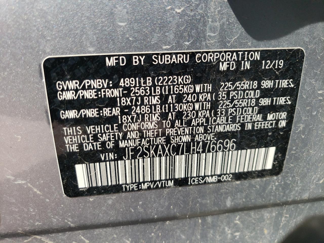 JF2SKAXC7LH476696 2020 Subaru Forester Touring