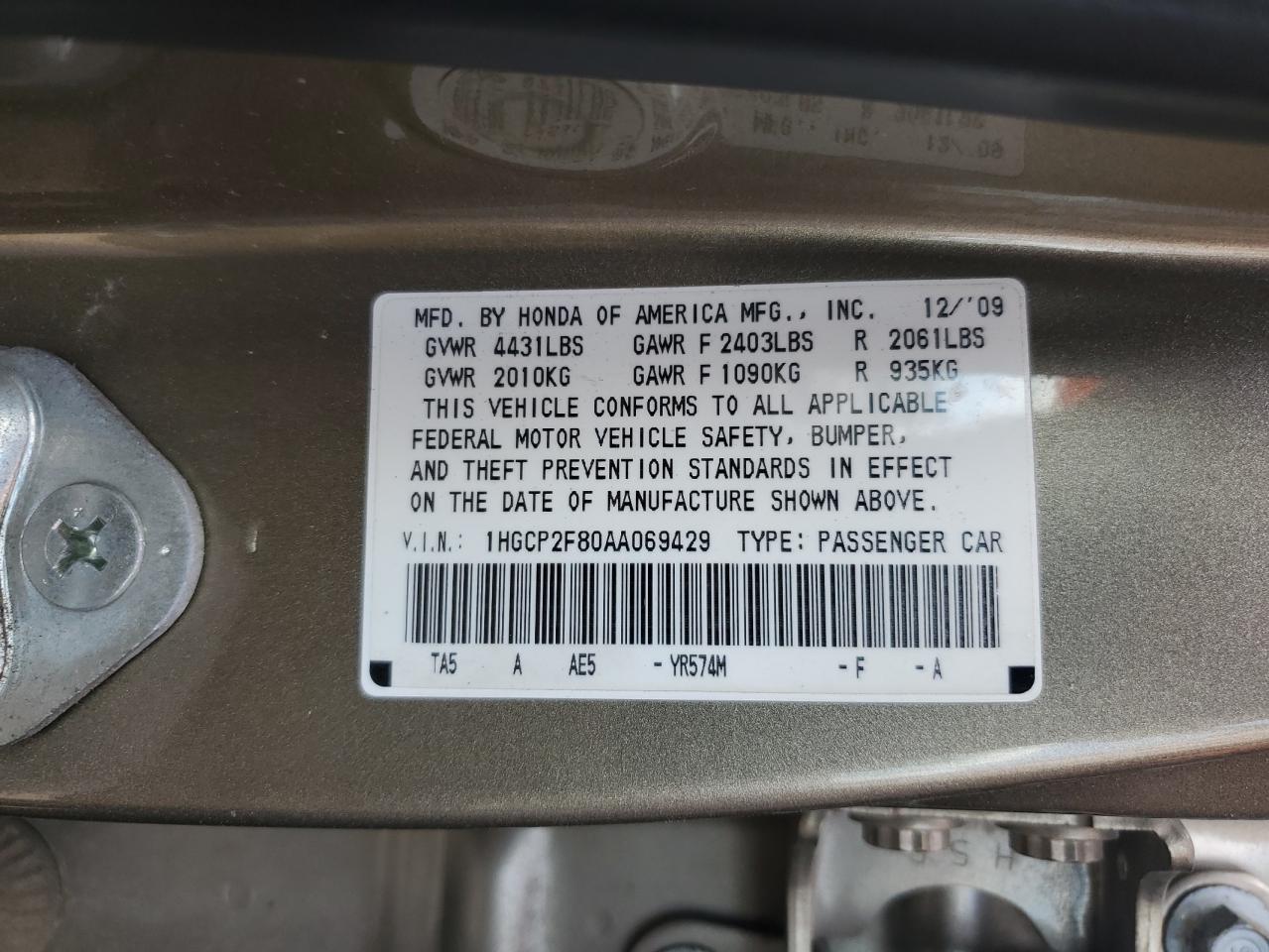 1HGCP2F80AA069429 2010 Honda Accord Exl