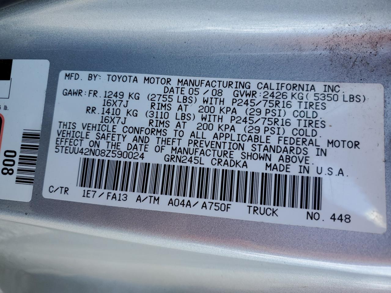 5TEUU42N08Z590024 2008 Toyota Tacoma Access Cab