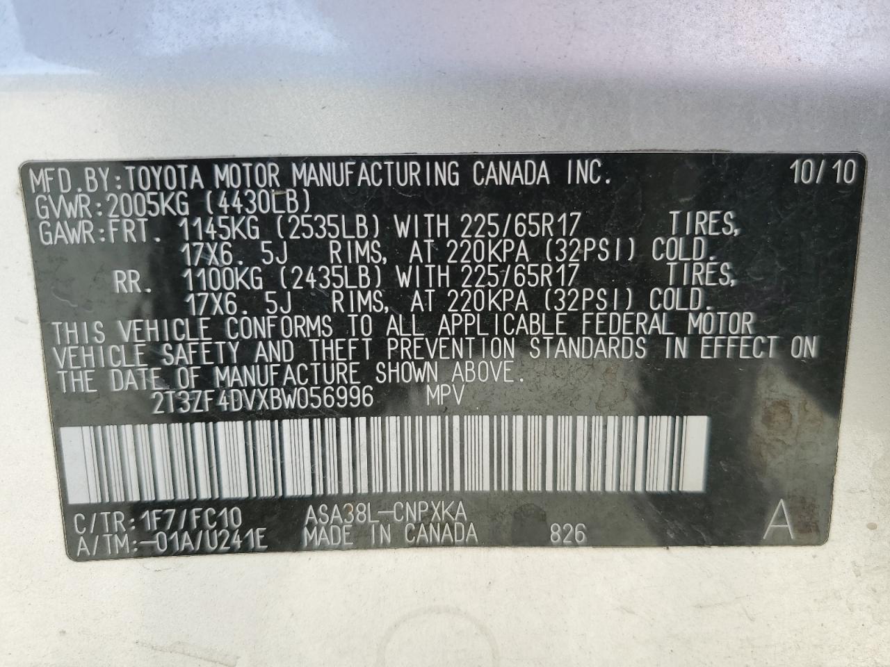 2T3ZF4DVXBW056996 2011 Toyota Rav4