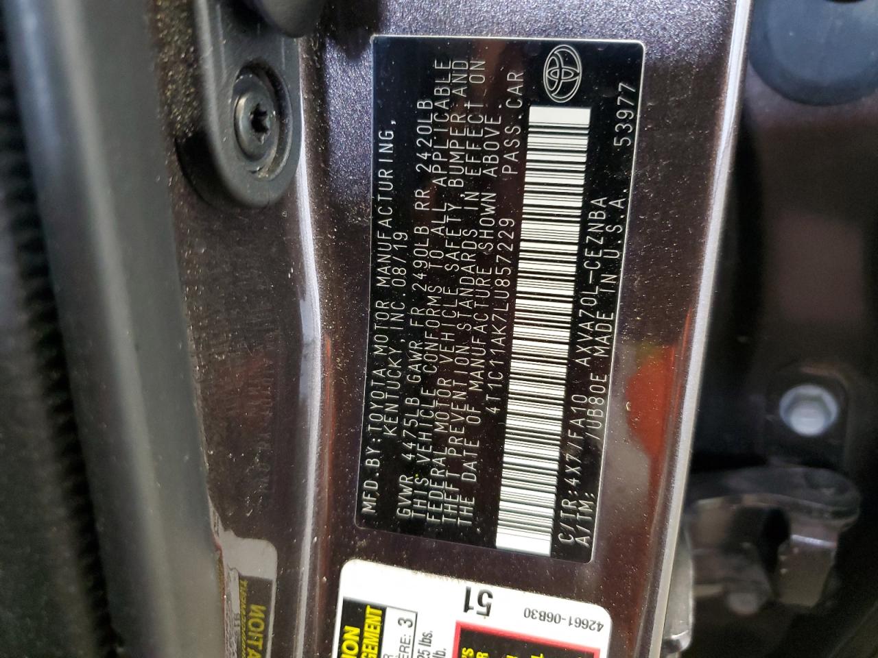 4T1C11AK7LU857229 2020 Toyota Camry Le